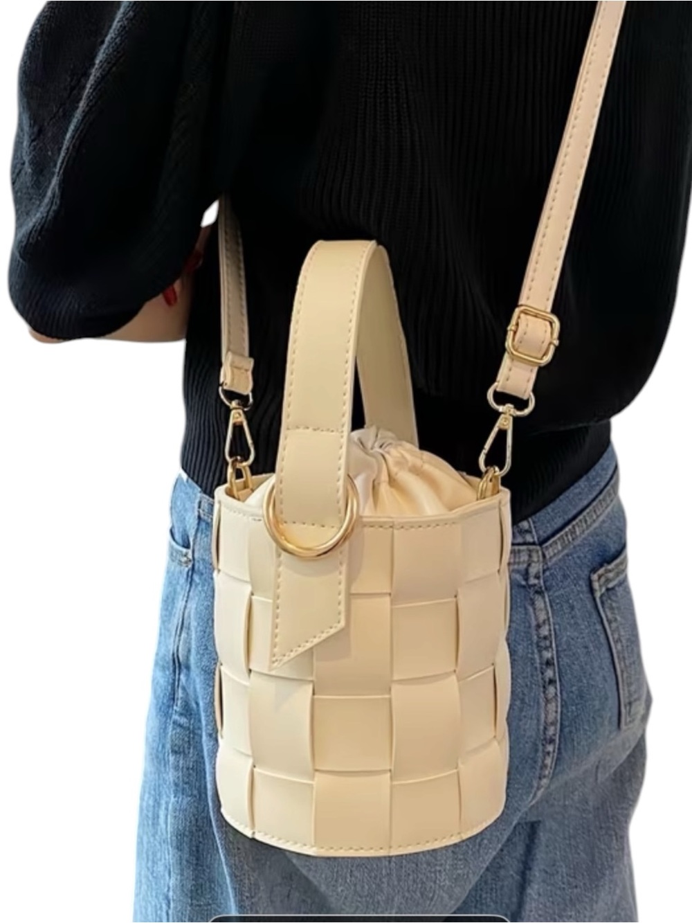 Cream Woven Bucket Bag with Drawstring Strap